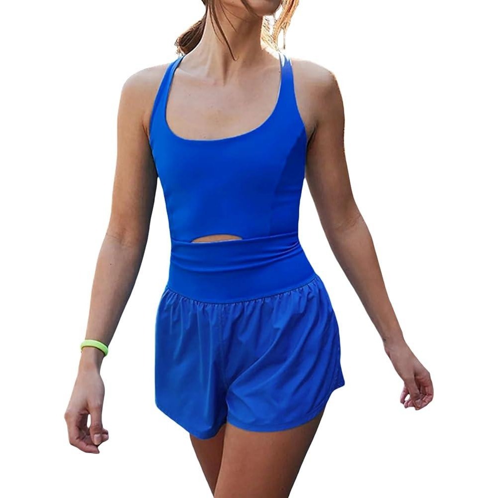 Womens Royal Blue Activewear Romper Runsie Cutout Crisscross Back Medium